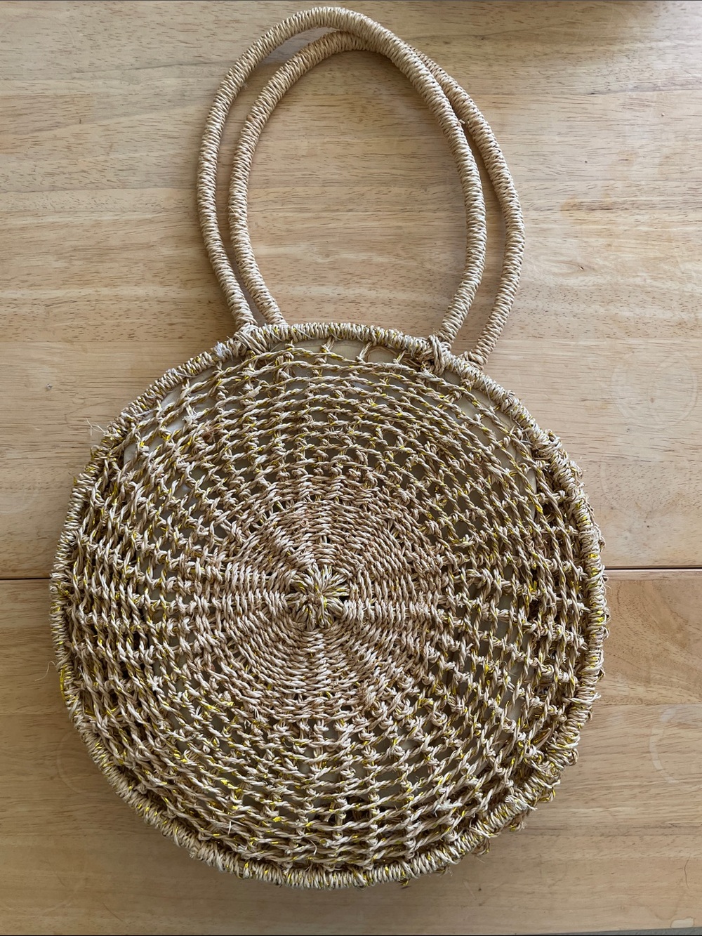 Marabelle Round Woven Straw Bag with Gold Metallic Thread